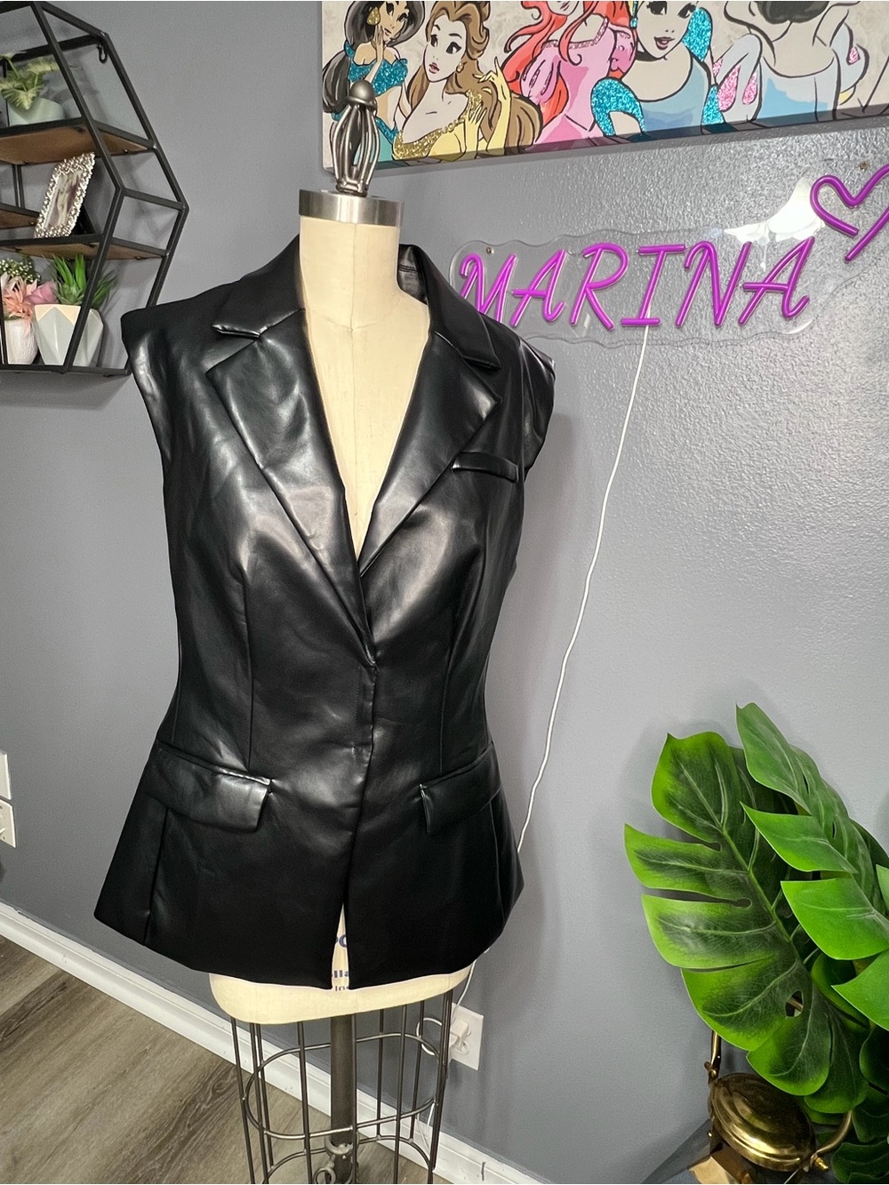 Bar III Black Faux Leather Sleeveless Blazer Vest